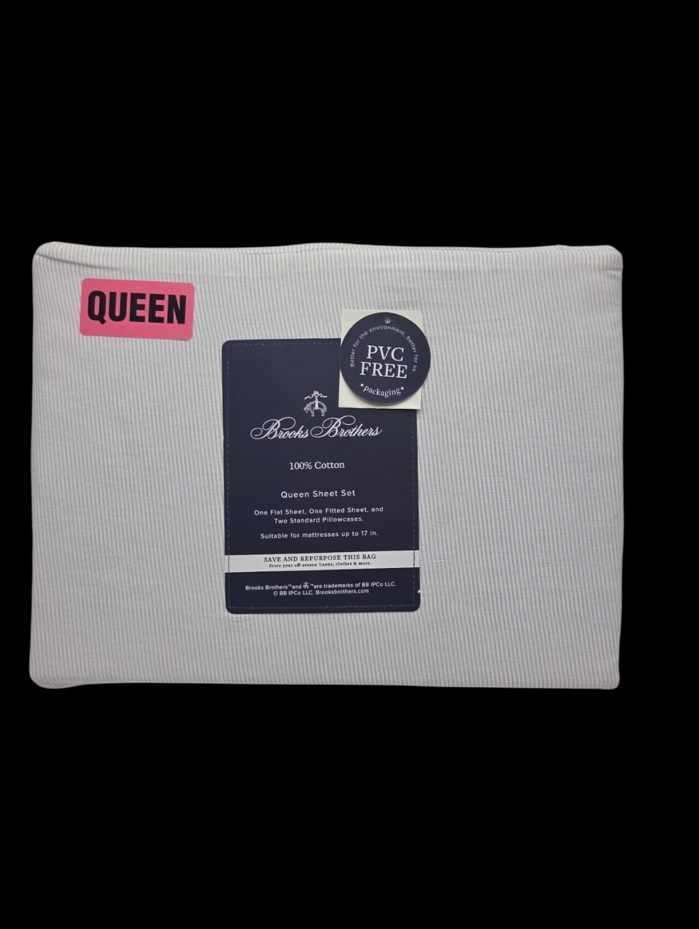 Brooks Brothers Striped Cotton Queen Sheet Set of 4pc White Blue